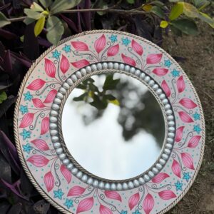 Pink Leaves Design Round Mirror