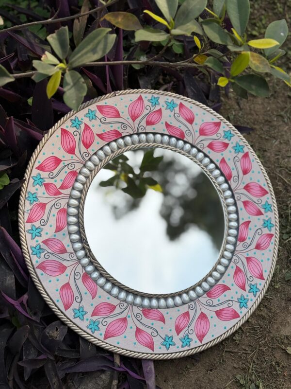 Pink Leaves Design Round Mirror